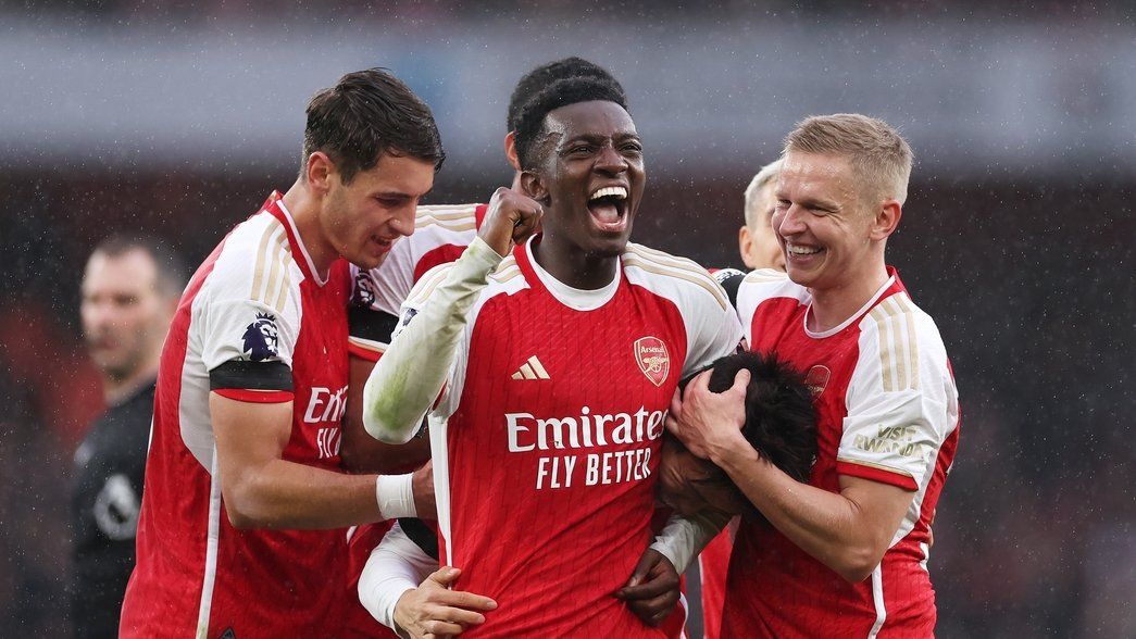 Eddie Nketiah celebrates three goals at Emirates Stadium