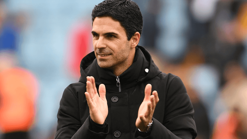 Mikel Arteta applauds our supporters at Villa Park