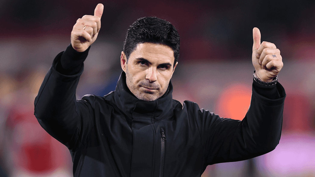 Mikel Arteta with his thumbs up after the win at Nottingham Forest