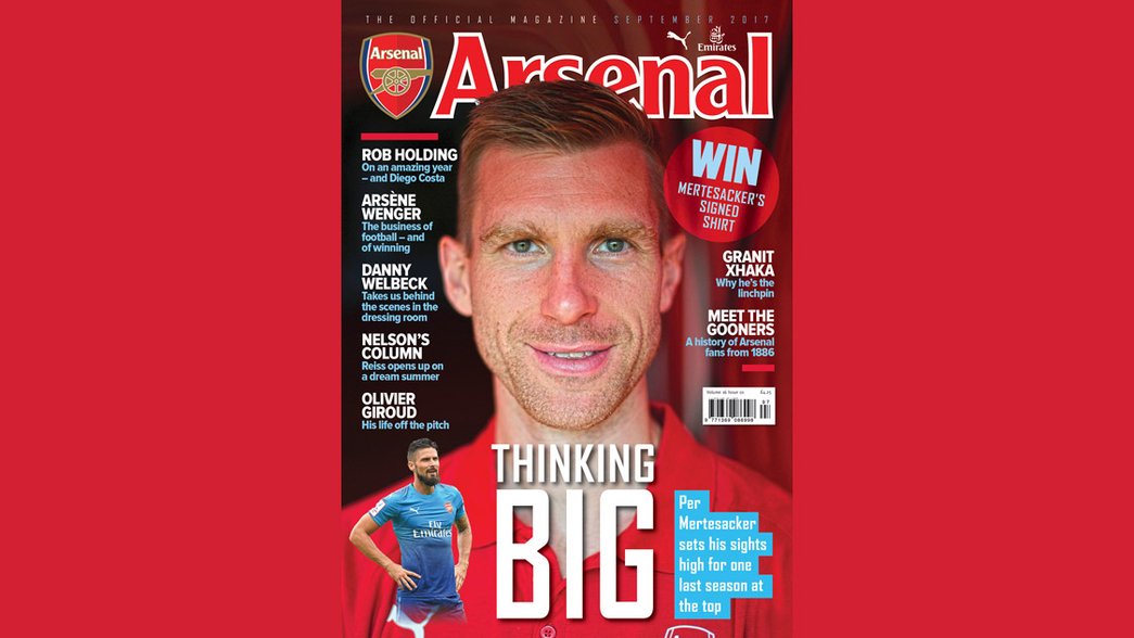 Per Mertesacker adorns the front of the September Arsenal Magazine