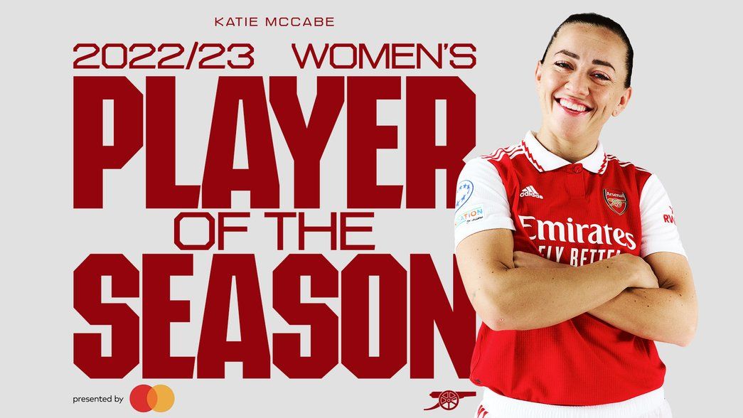 Katie McCabe smiles with her arms crossed. Text reads: 2022/23 Women's Player of the Season presented by Mastercard