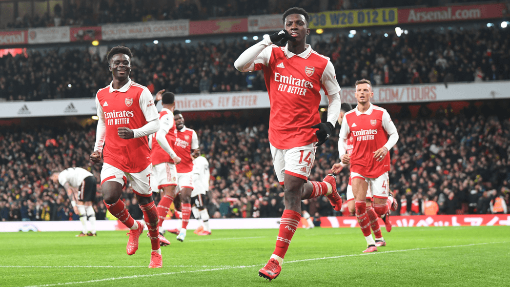 Eddie Nketiah celebrates his goal against Manchester United