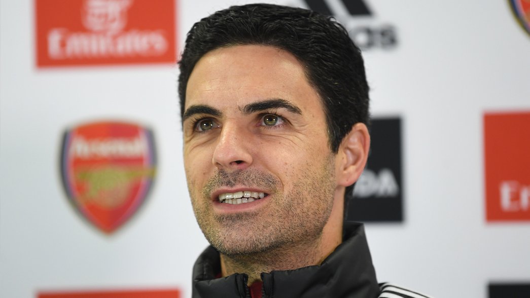 Mikel Arteta speaking during his pre-match press conference