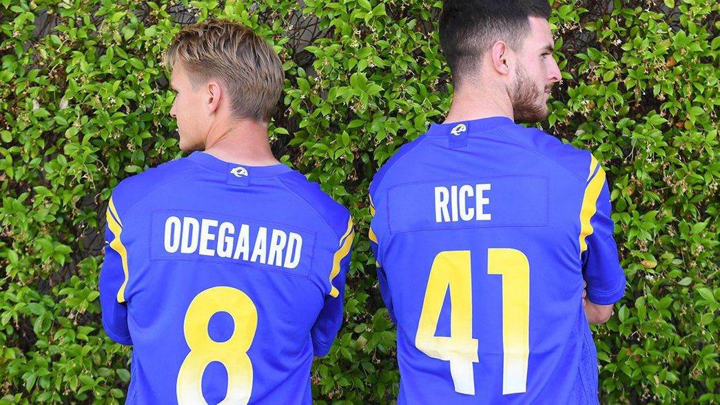 Martin Odegaard and Declan Rice with in LA Rams jerseys