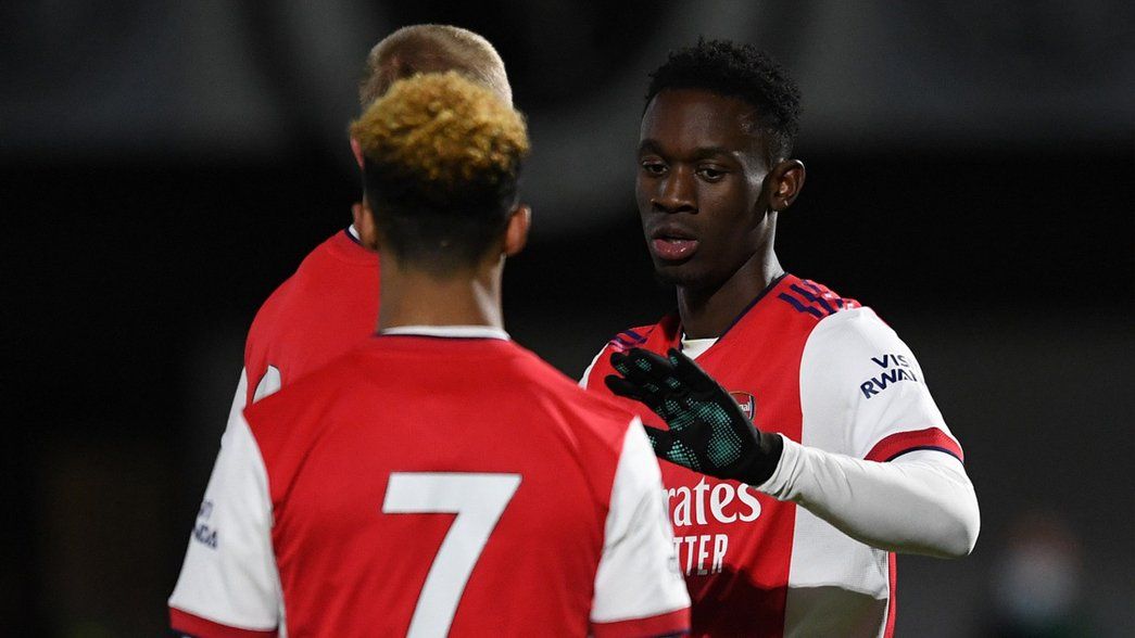 Folarin Balogun and Omari Hutchinson celebrate after scoring for Arsenal U-23s