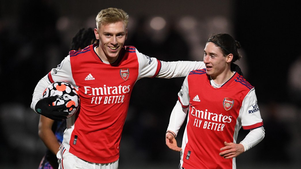 Mika Biereth and Marcelo Flores celebrate after scoring for Arsenal U-23 against Tottenham