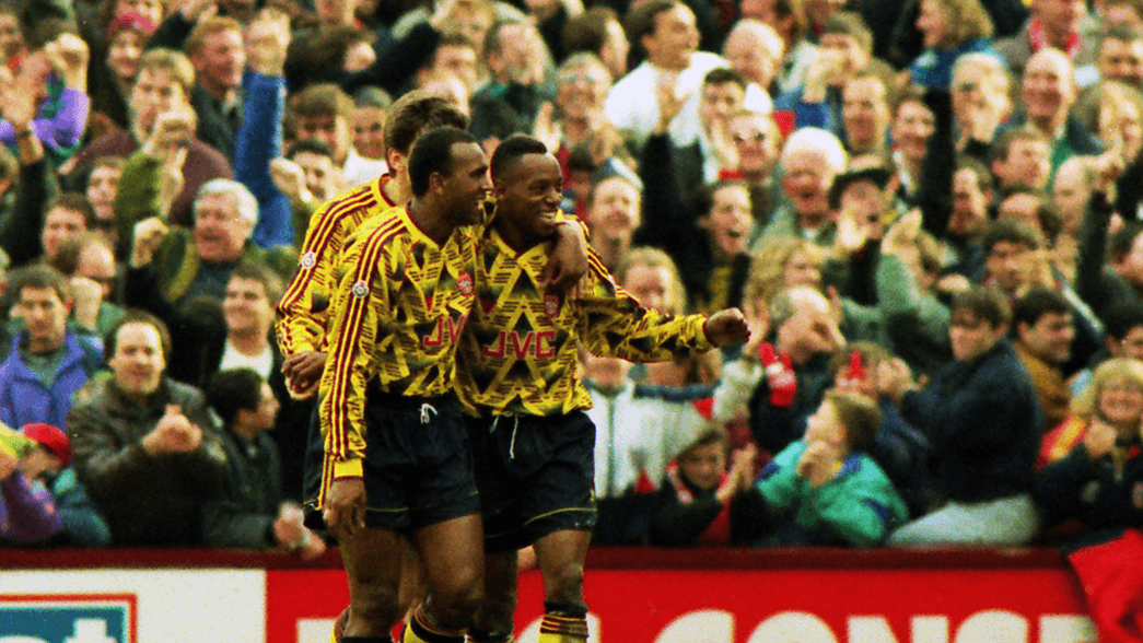 David Rocastle and Ian Wright embrace at Upton Park in 1992