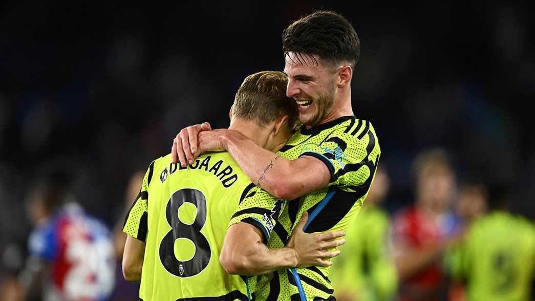 Declan Rice and Martin Odegaard hug after the final whistle