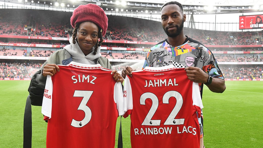 Little Simz and Jahmal Howlett-Mundle pitchside at the Emirates