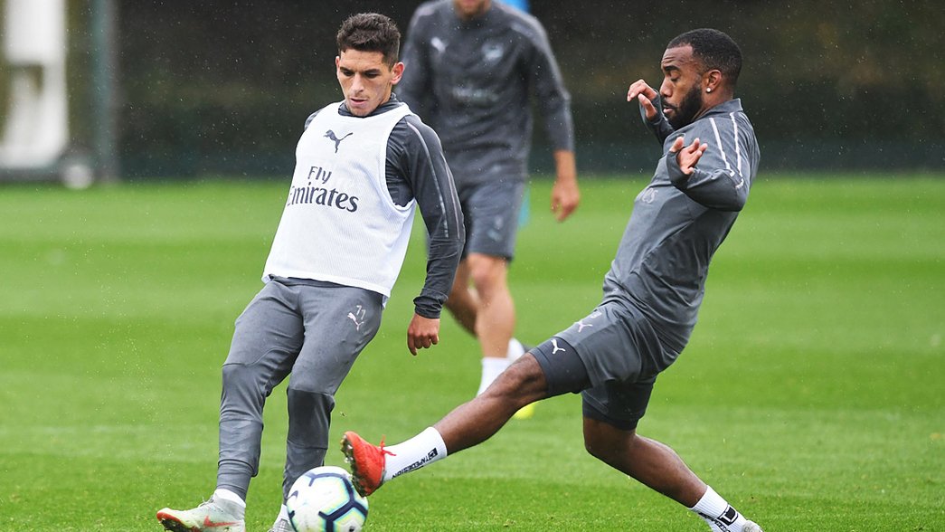 Lucas Torreira and Alexandre Lacazette in training before the Everton game