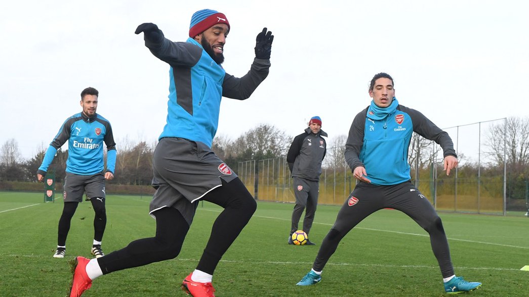 Alexandre Lacazette and Hector Bellerin in training before the West Brom game