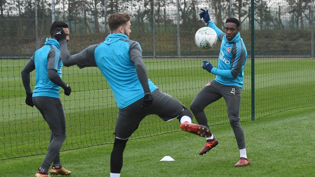 Arsenal train before playing Chelsea in the Carabao Cup semi-final first leg