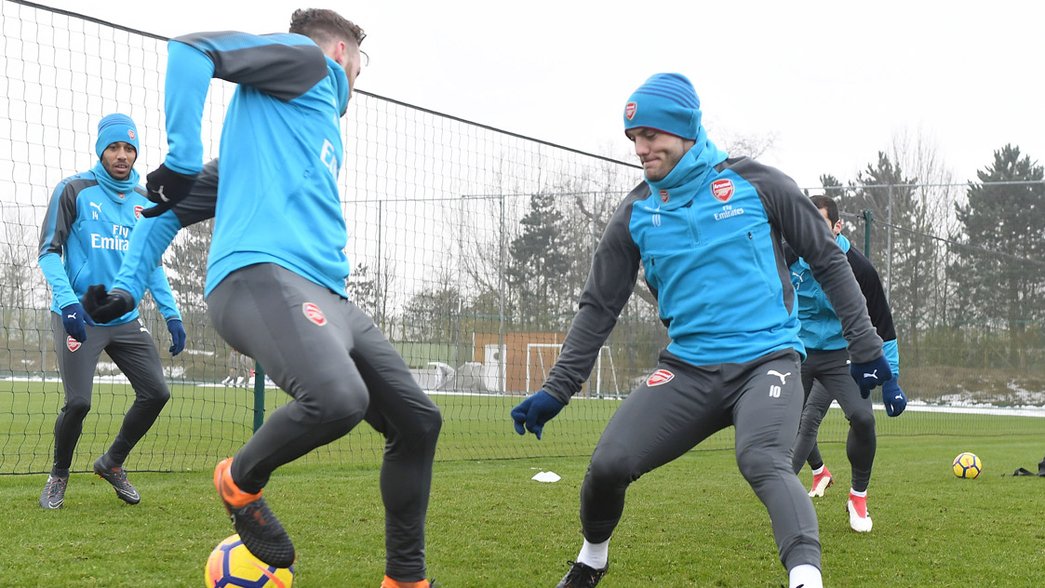Aaron Ramsey and Jack Wilshere in training before the Brighton game