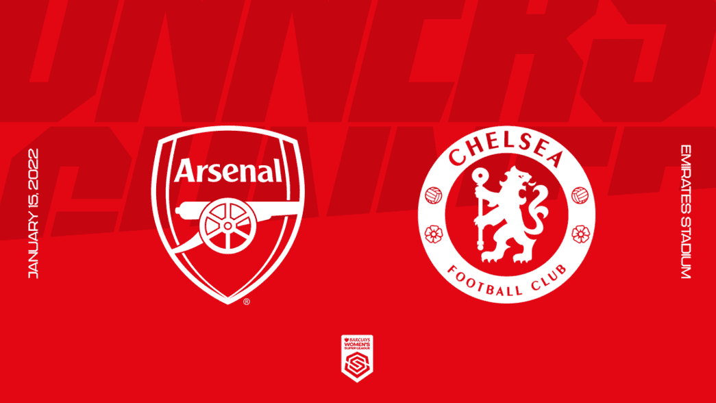 Arsenal and Chelsea crests on a red background. 15 January 2023 at the Emirates Stadium