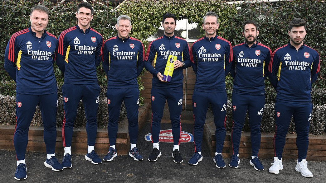 Mikel Arteta with his coaching staff after winning the January Manager of the Month
