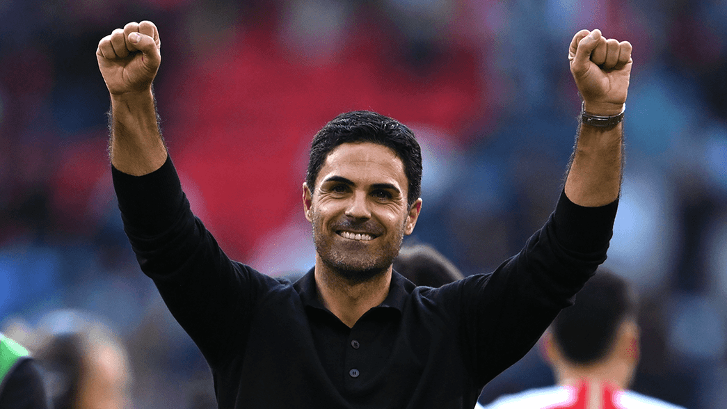 Mikel Arteta celebrates beating Manchester City in the 2023 Community Shield