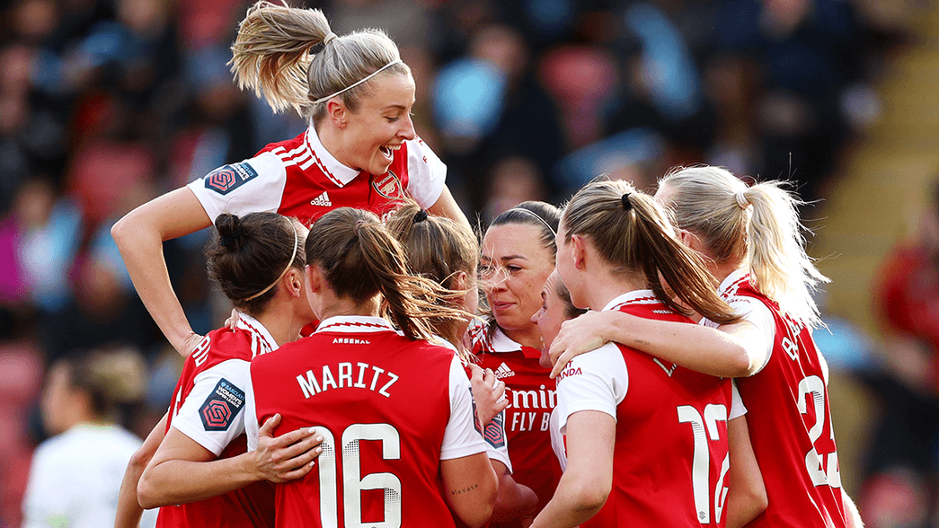 Arsenal Women celebrate scoring against Tottenham Hotspur