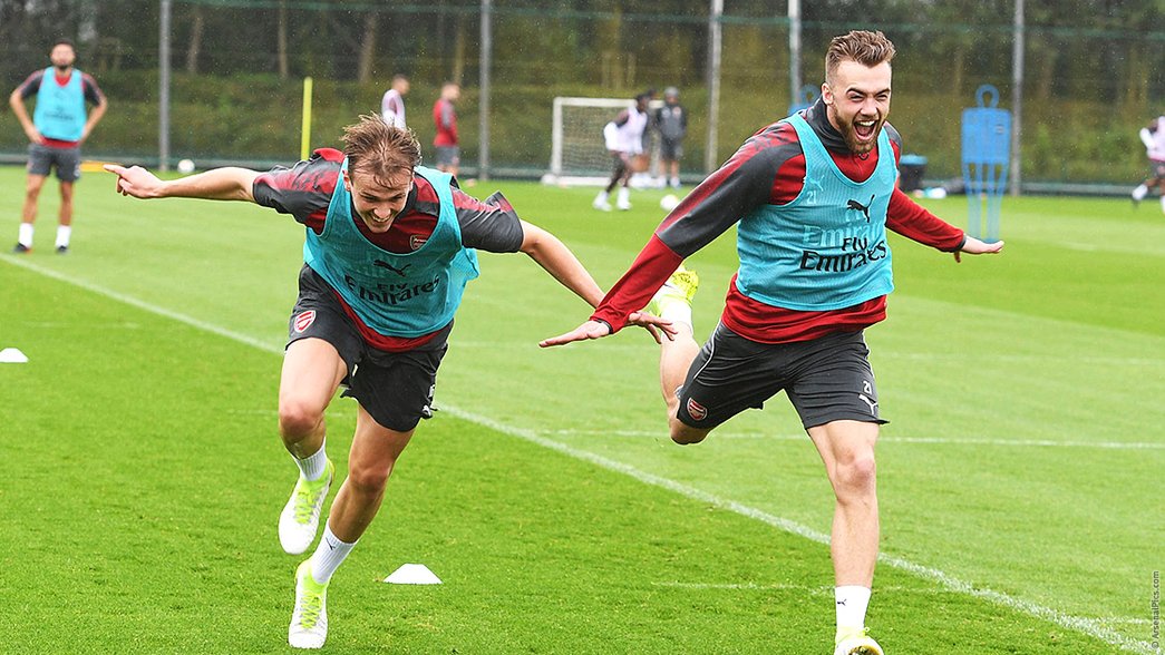 Rob Holding and Calum Chambers in training