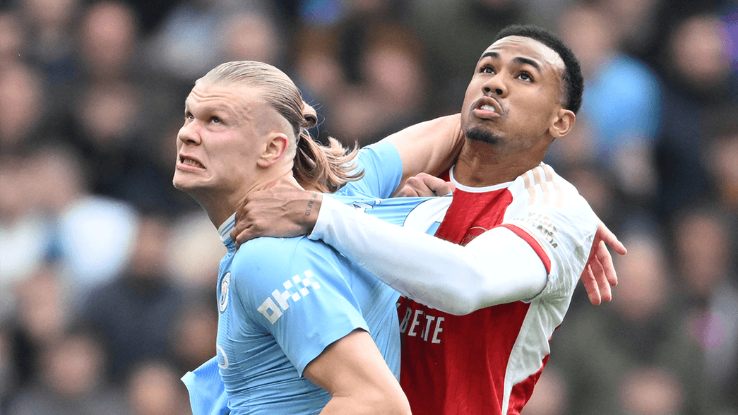 Gabriel tussles with Erling Haaland during our game at Manchester City