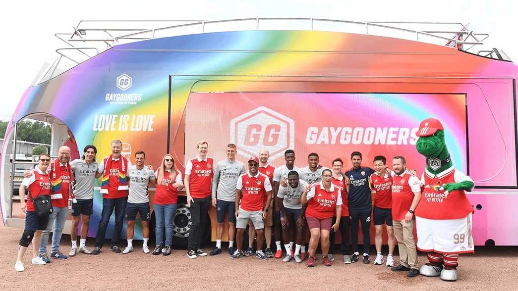 Gay Gooners at London Colney before heading to London Pride in 2022