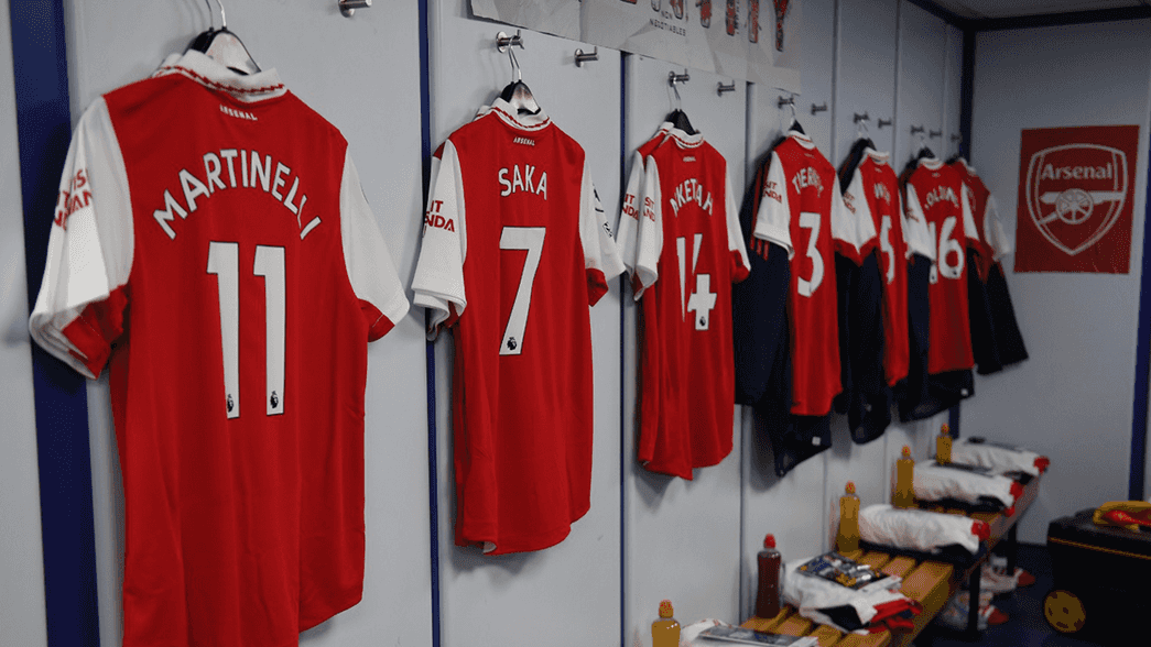 Arsenal shirts hanging up in the changing room at Goodison Park