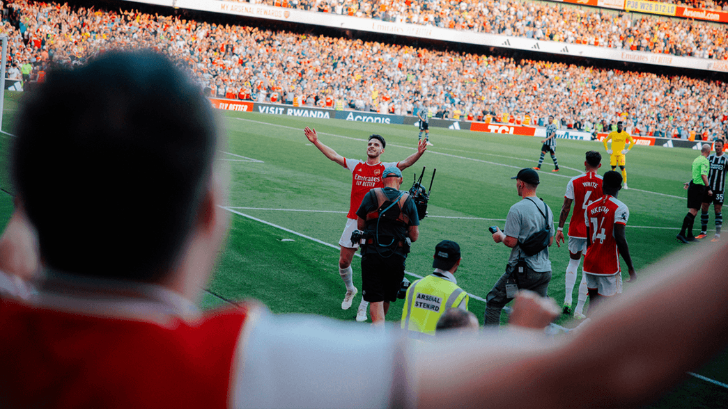 Declan Rice celebrates in front of the Arsenal supporters after scoring against Manchester United