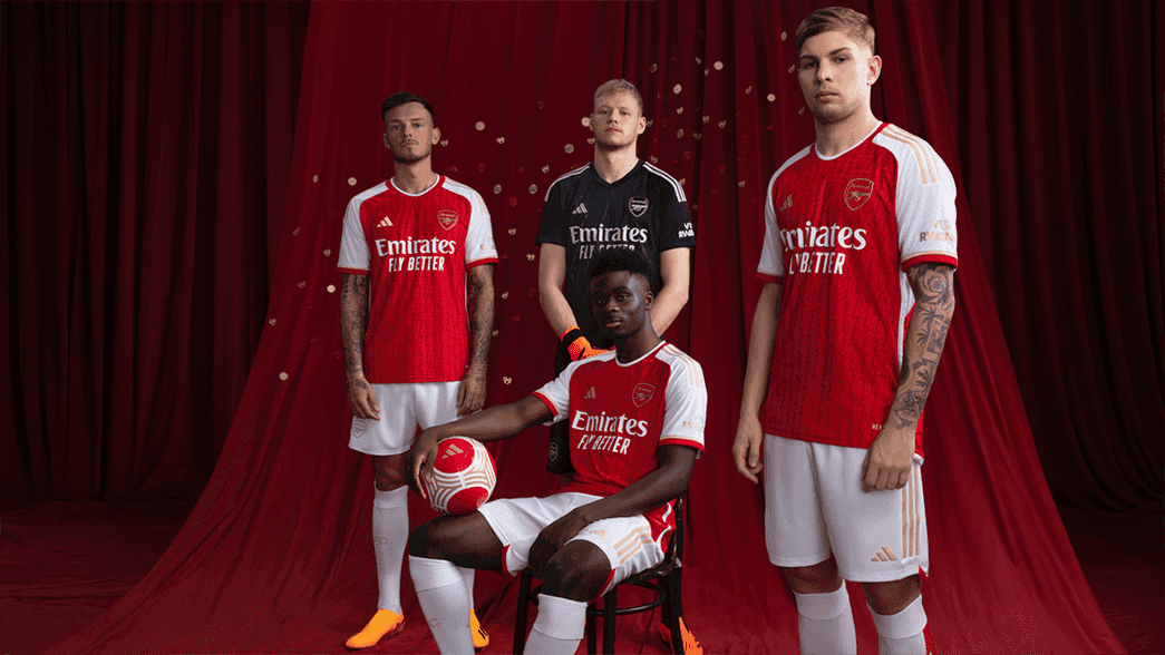 Ben White, Aaron Ramsdale, Bukayo Saka and Emile Smith Rowe wearing our new 2023/24 home kit