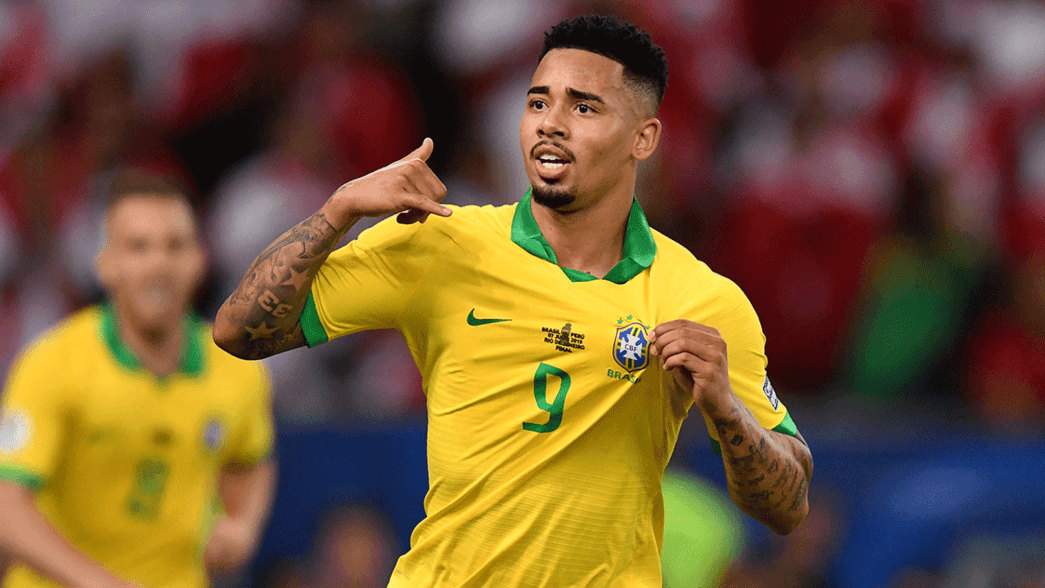 Gabriel Jesus celebrates scoring for Brazil