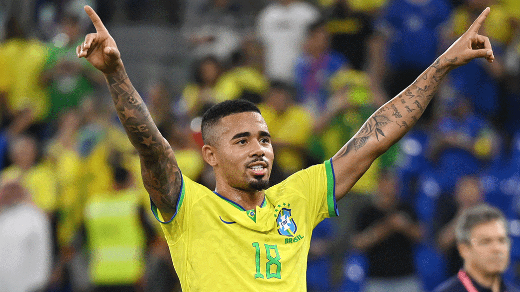 Gabriel Jesus celebrates Brazil's win against Switzerland