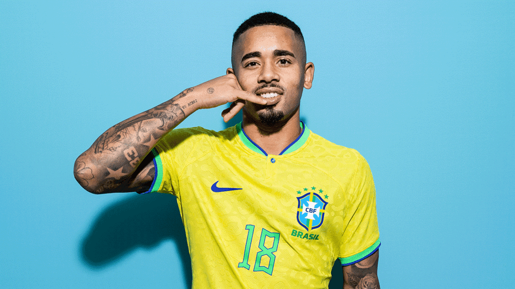 Gabriel Jesus does his celebration in a photoshoot