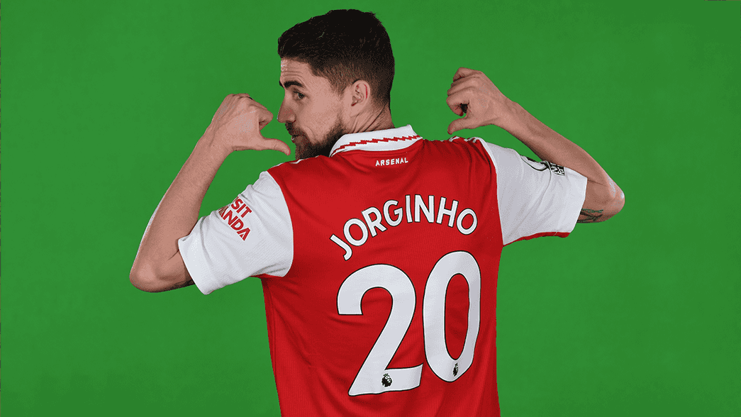 Jorginho pointing to the number 20 on his Arsenal shirt