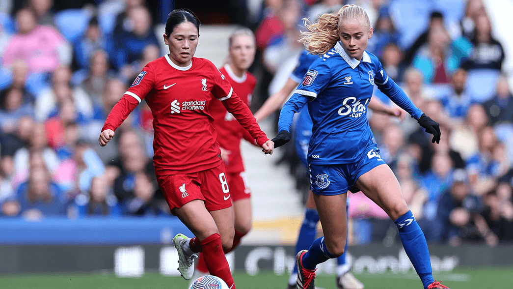 Kathrine Kuhl in action on loan for Everton against Liverpool