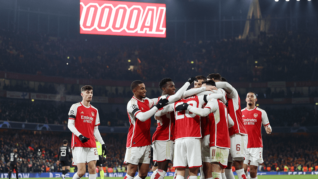 Arsenal celebrate scoring against Lens