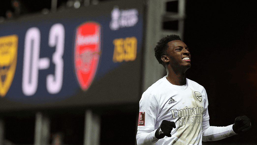 Eddie Nketiah celebrates scoring against Oxford