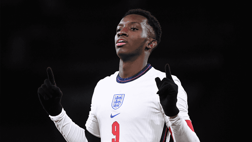 Eddie Nketiah celebrates scoring for England under-21s