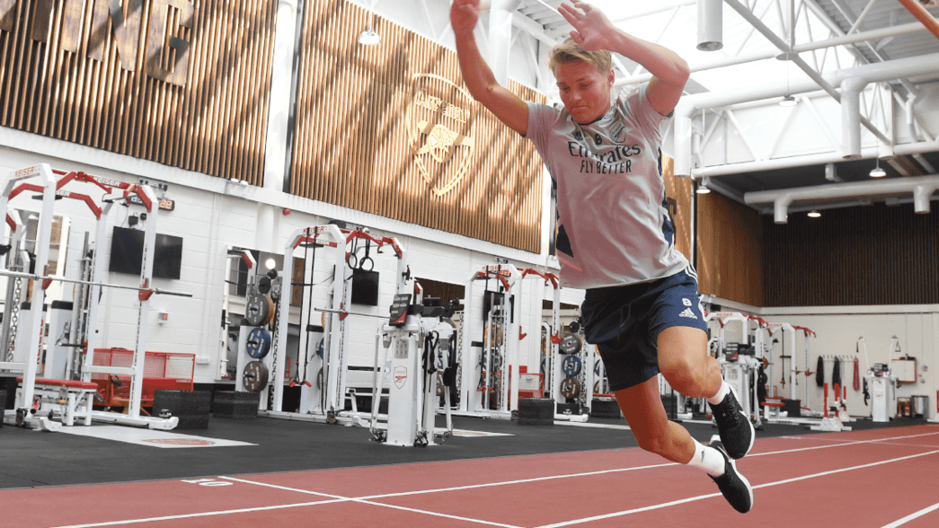 Martin Odegaard in the gym at London Colney