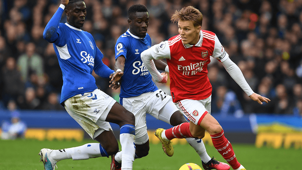 Martin Odegaard in action against Everton