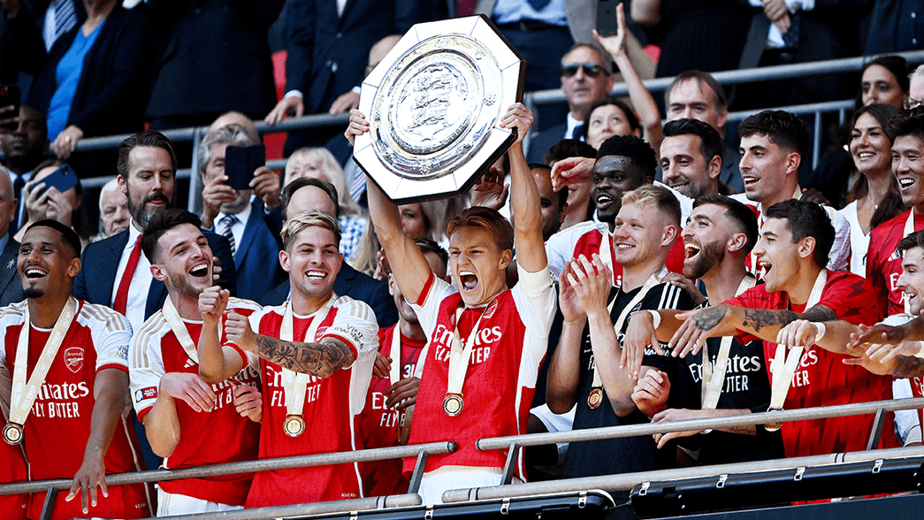 Martin Odegaard lifts the 2023 Community Shield