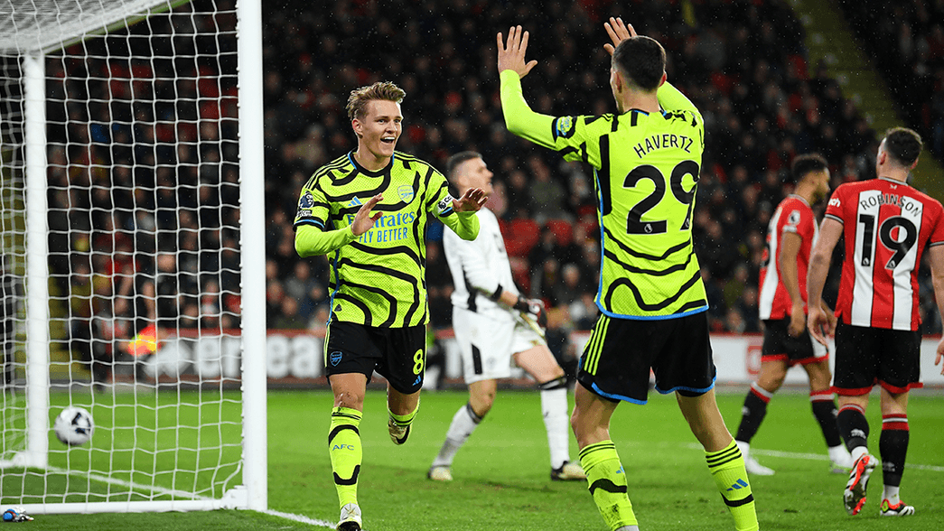 Martin Odegaard celebrates scoring against Sheffield United