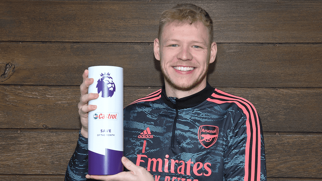 Aaron Ramsdale with the Premier League Save of the Month trophy