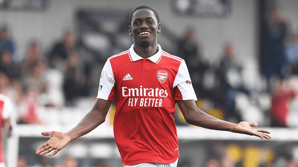 Charles Sagoe Jr celebrates scoring for Arsenal under-21s