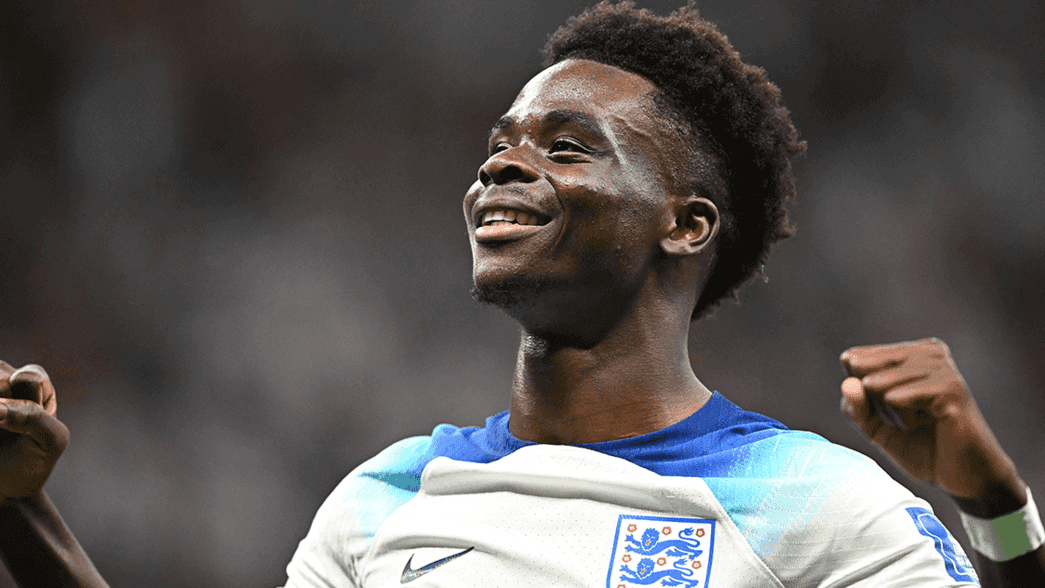 Bukayo Saka celebrates scoring for England against Senegal