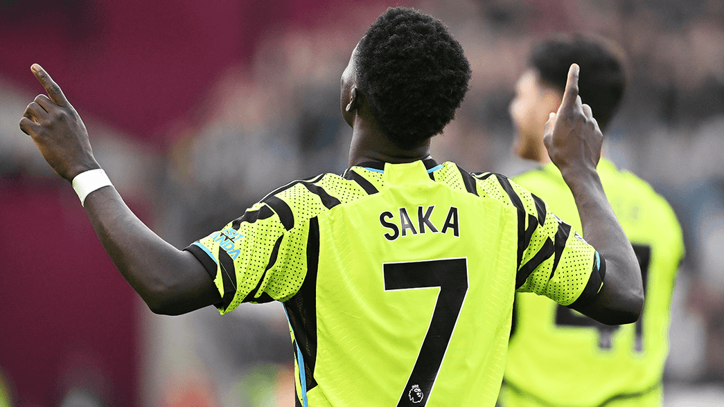 Bukayo Saka celebrates scoring against West Ham United