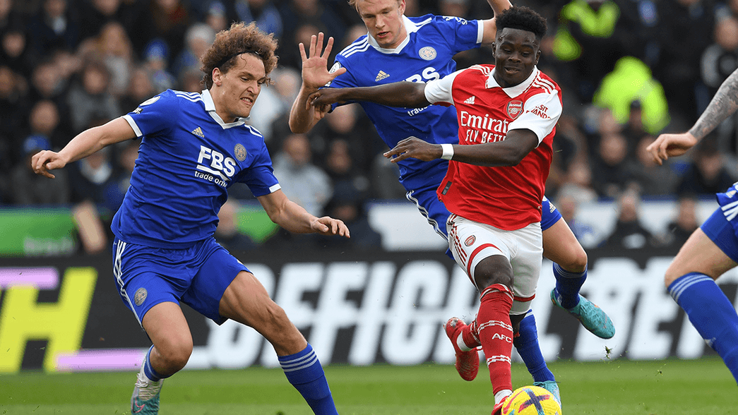 Bukayo Saka in action against Leicester City