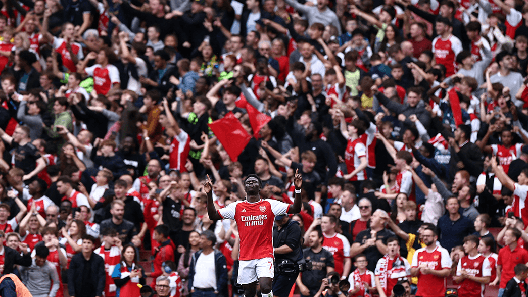 Bukayo Saka celebrates scoring against Tottenham Hotspur