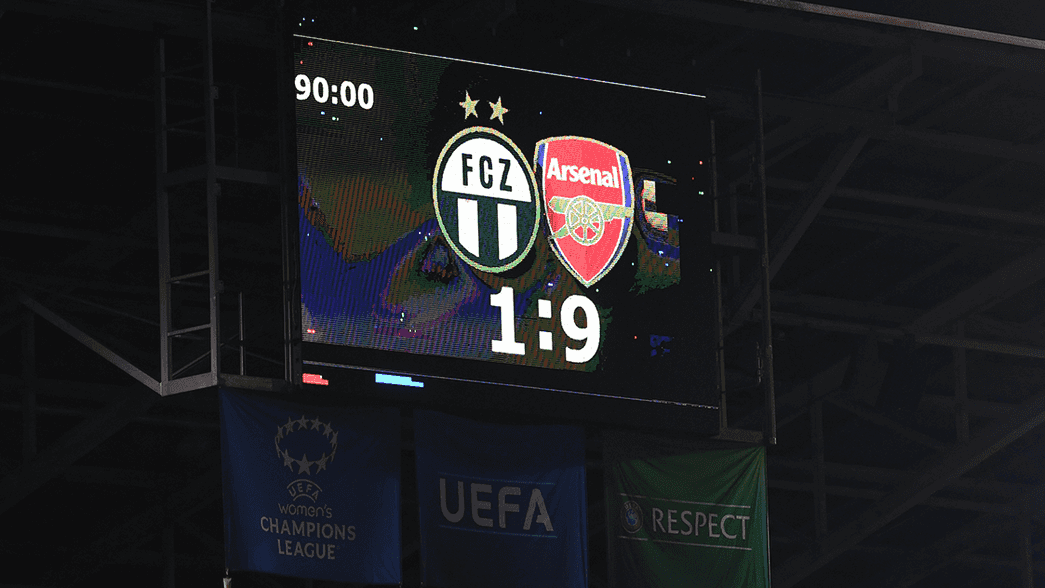 The scoreboard showing Arsenal beating FC Zurich 9-1