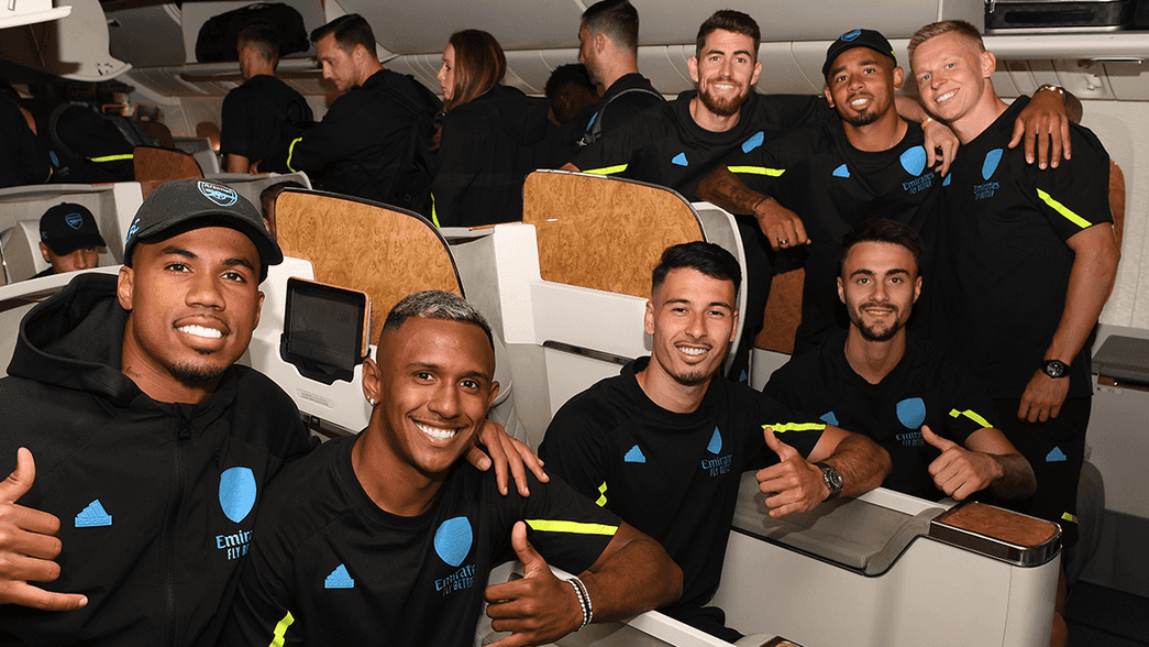 The Arsenal players on board their flight to Washington DC