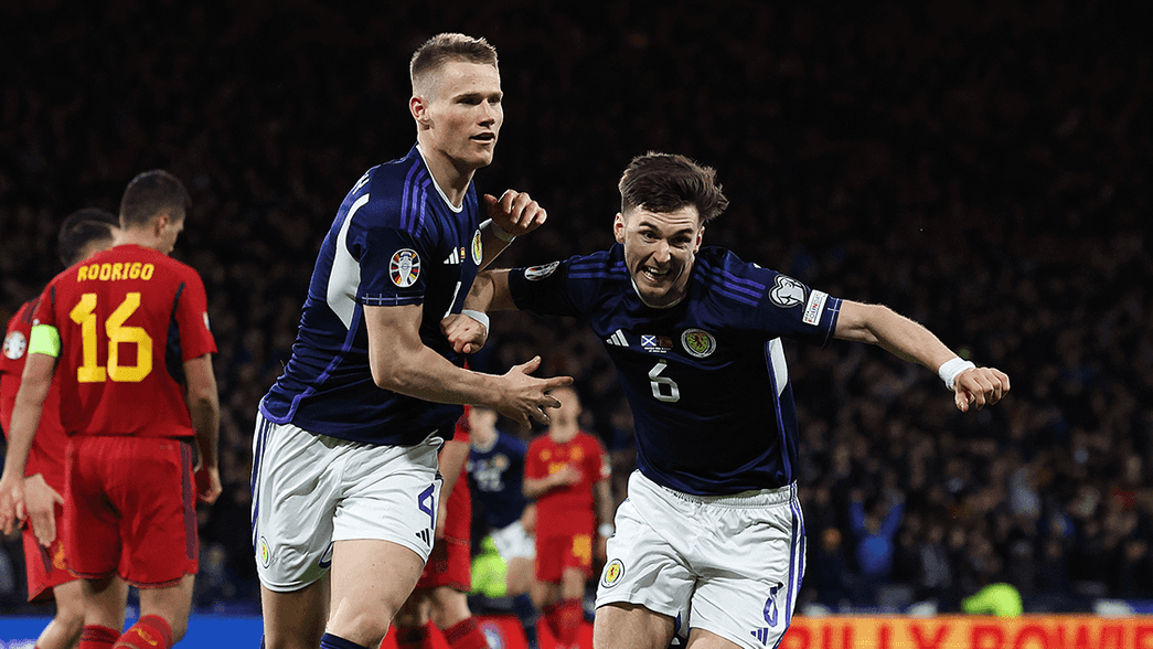 Kieran Tierney celebrates Scotland's win over Spain