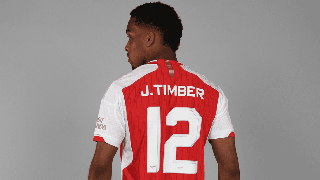 Jurrien Timber in his new Arsenal shirt