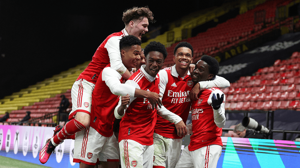Arsenal's under-18s celebrate scoring against Watford